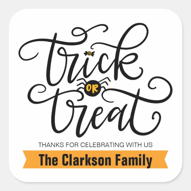 Adesivo Quadrado Truque ou Tratar, com letra de mão (Frente)