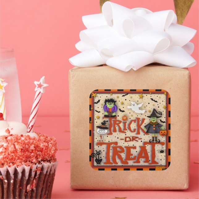 Adesivo Quadrado Truque ou Tratar o Halloween Que Monstro a Inspiri (Festa)