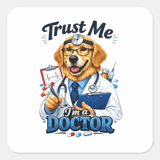 Adesivo Quadrado Trust Me I’m a Dogtor Funny Dog Doctor (Frente)
