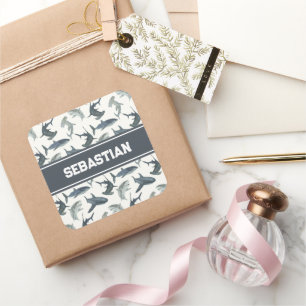 Adesivo Quadrado Tubarão Personalizado Tubarões de Aquarela