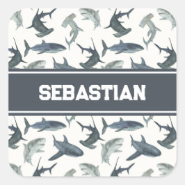 Adesivo Quadrado Tubarão Personalizado | Tubarões de Aquarela