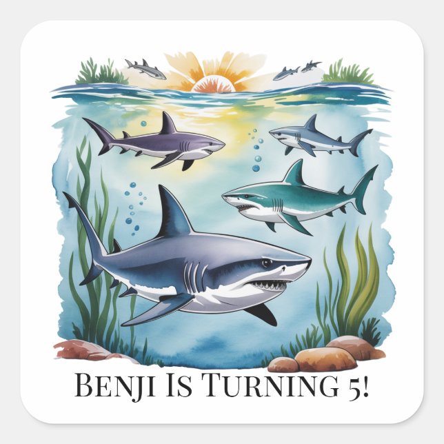 Adesivo Quadrado Tubarão Sob O Aniversário Do Sea Boy (Frente)