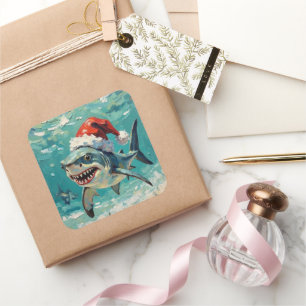 Adesivo Quadrado Tubarão Vintage com Chapéu de Papai Noel Arte de N