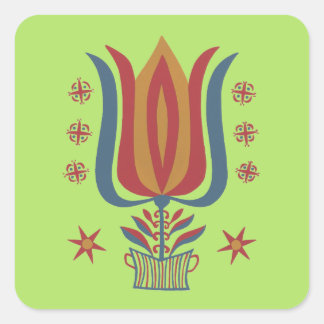 Adesivo Quadrado Tulipas brilhantes e Arte Folclórica Geométrica Am