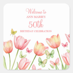 Adesivo Quadrado Tulipas Florais em Aquarela Pêssego 