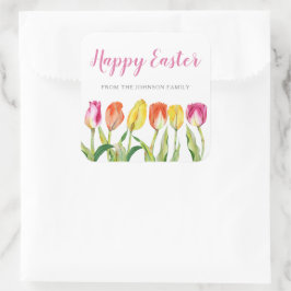Adesivo Quadrado Tulipas Florais Rosa Chic Feliz Páscoa