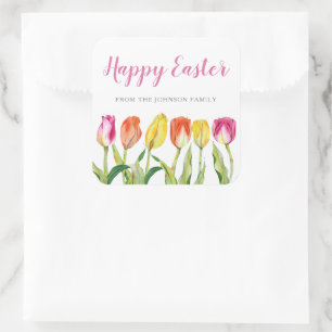 Adesivo Quadrado Tulipas Florais Rosa Chic Feliz Páscoa