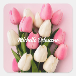 Adesivo Quadrado Tulipas Nome Personalizado em Rosa