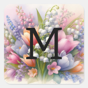 Adesivo Quadrado Tulipas púrpuras, cor-de-água floral, monograma, c