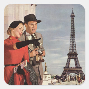 Adesivo Quadrado Turistas do vintage que viajam na torre Eiffel de