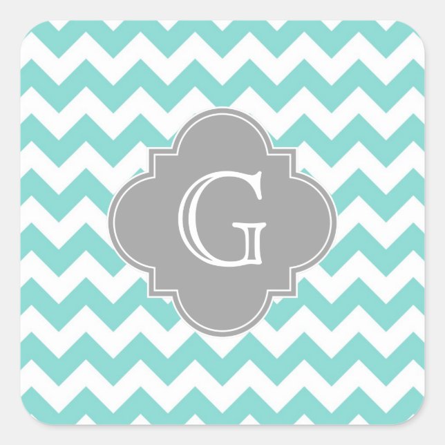 Adesivo Quadrado Turq / Aqua White Chevron Cinza Quatrefoil Monogra (Frente)