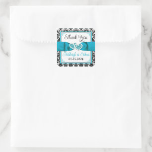 Adesivo Quadrado Turquesa, Black Damask Love Heart Favor de Casamen