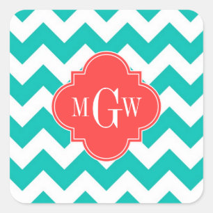 Adesivo Quadrado Turquesa Branco Chevron Coral Quatrefoil 3 Monogra