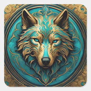 Adesivo Quadrado Turquesa e Lobo Dourado