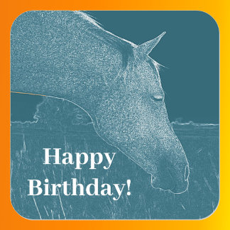 Adesivo Quadrado Turquesa Feliz Aniversário da Cabeça de Cavalo