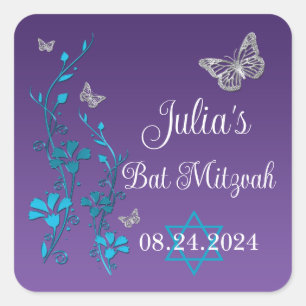 Adesivo Quadrado Turquesa, Floral Roxo, Borboletas Bat Mitzvah