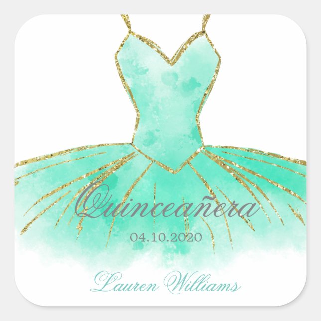 Adesivo Quadrado Turquesa Glitter Gown Quinceanera Sticker (Frente)