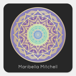 Adesivo Quadrado Turquesa Índigo e Roxo Mandala Quadrada Dourada