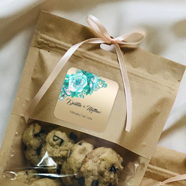 Adesivo Quadrado Turquesa Rosas Românticos sobre Casamento Dourado (Criador carregado)