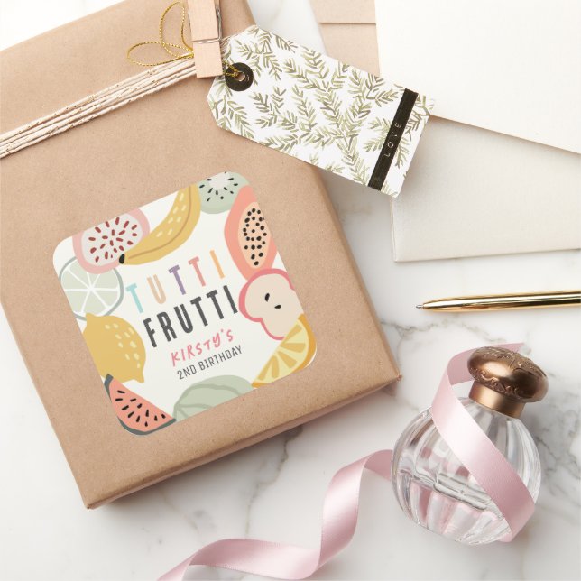 Adesivo Quadrado Tutti Frutti Colorida Fruta segundo aniversário (Presentear)