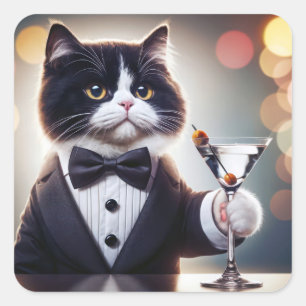 Adesivo Quadrado Tuxedo Cat Com Cocktail Martini