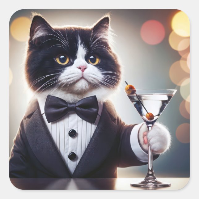 Adesivo Quadrado Tuxedo Cat Com Cocktail Martini (Frente)