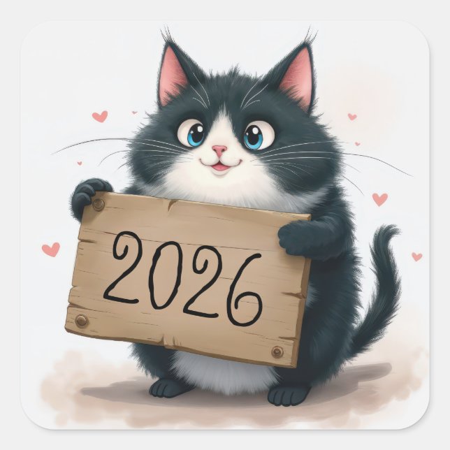 Adesivo Quadrado Tuxedo Cat com Sinal de Ano Novo de 2026 (Frente)