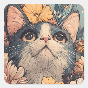 Adesivo Quadrado Tuxedo Cat e flores adoráveis