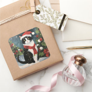 Adesivo Quadrado Tuxedo Cat no Natal da Neve