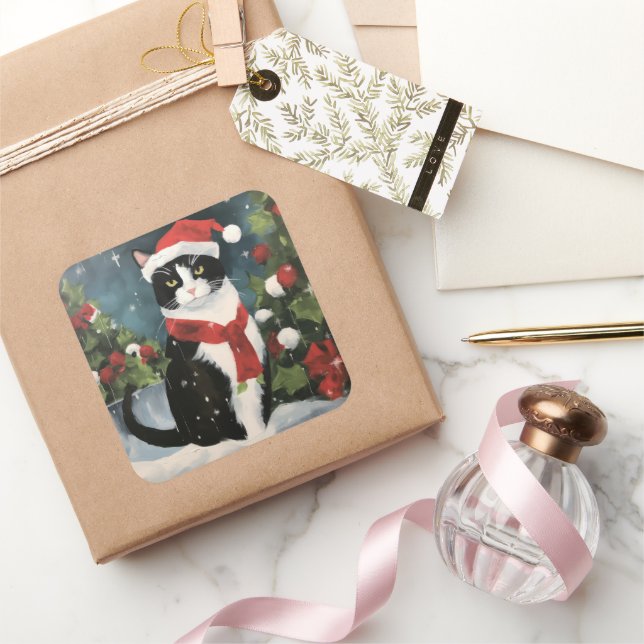 Adesivo Quadrado Tuxedo Cat no Natal da Neve (Presentear)