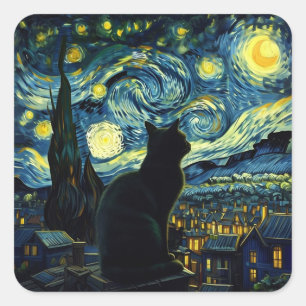 Adesivo Quadrado Tuxedo Cat Starry Night Tuxedo Proprietário de Cat