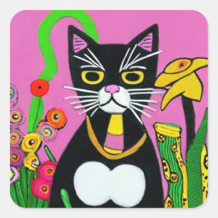 Adesivo Quadrado Tuxedo Gato Whimsical com Arte Folclórica Flor