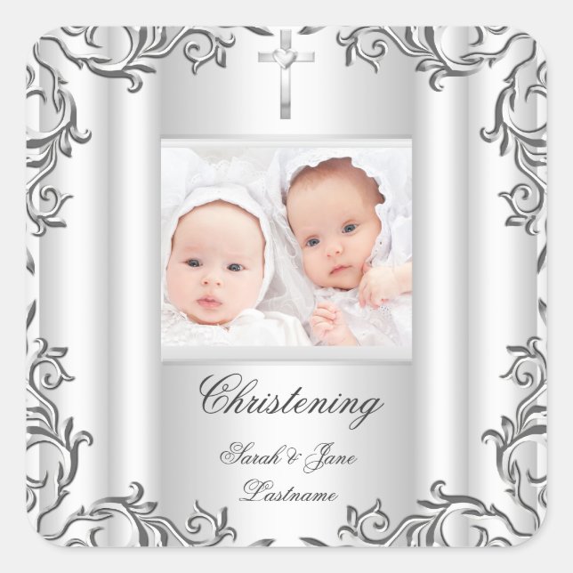Adesivo Quadrado Twin Baby Girl Boy Christening Baptism White (Frente)