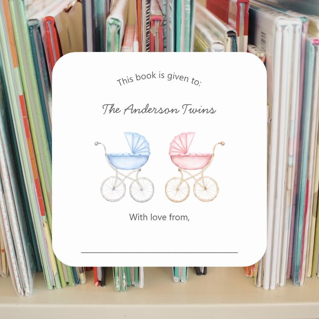 Adesivo Quadrado Twin boy and girl Baby Shower bookplate (Criador carregado)