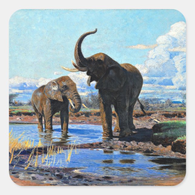 Adesivo Quadrado Two African Elephants at Watering Hole (Frente)
