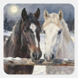 Adesivo Quadrado Two Horses on a Snowy Farm under the Moonlight 