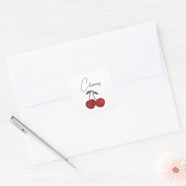 Adesivo Quadrado Two Red Cherries Illustration | Cute Fruit Art  (Envelope)