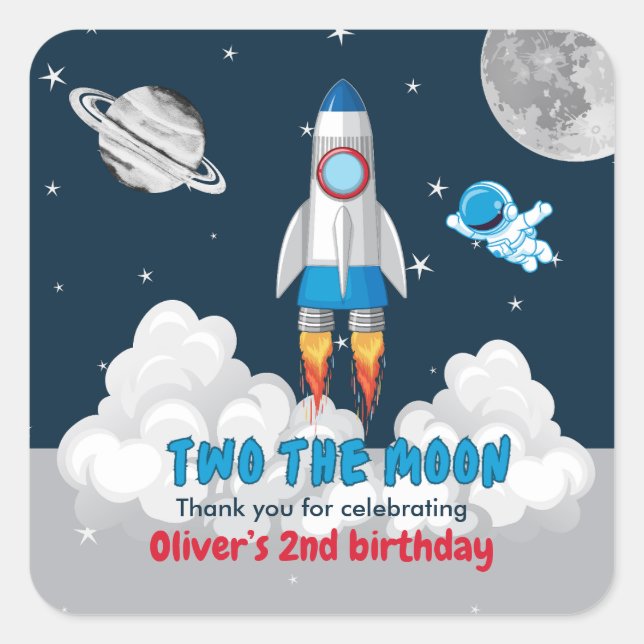 Adesivo Quadrado Two The Moon Boy Space Rocket 2nd Birthday  (Frente)
