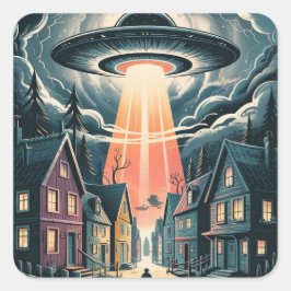 Adesivo Quadrado UFO Abduction Night Street Illustration