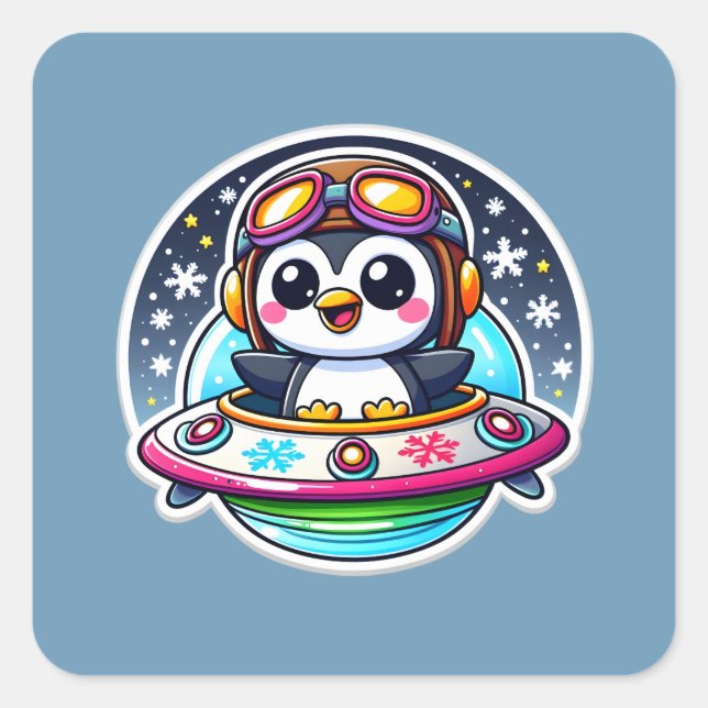 Adesivo Quadrado UFO Cute Penguin (Frente)