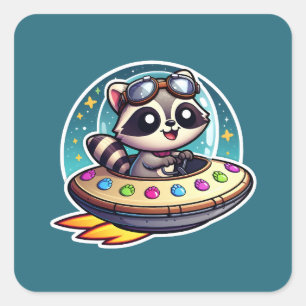 Adesivo Quadrado UFO Cute Raccoon