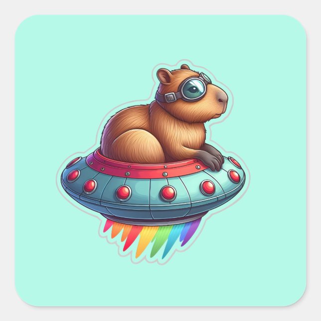 Adesivo Quadrado UFO Rainbow Capybara (Frente)