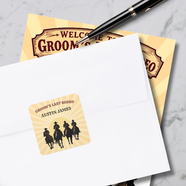 Adesivo Quadrado Últimos Caubóis do Rodeio Pôr do Sol Nome do Noivo (Last Rodeo Cowboys Sunset Groom's Name Bachelor Square Sticker)