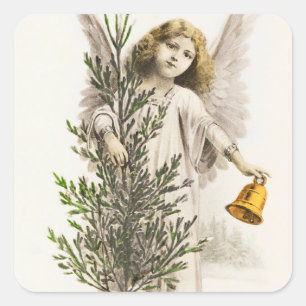 Adesivo Quadrado Um anjo segurando um sino de Natal Vintage Holiday