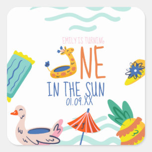 Adesivo Quadrado Um ao sol primeiro aniversário festa piscina doodl