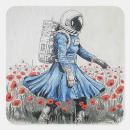 Adesivo Quadrado um astronauta vestido de azul andando em papoulas