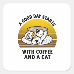 Adesivo Quadrado Um bom dia começa com café e um gato Retro Vint