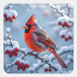 Adesivo Quadrado Um Cardeal Bonito no Natal de um Ramo de Neve