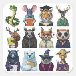 Adesivo Quadrado Um conjunto de 12 de volta à escola animal