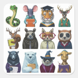 Adesivo Quadrado Um conjunto de 12 de volta à escola animal